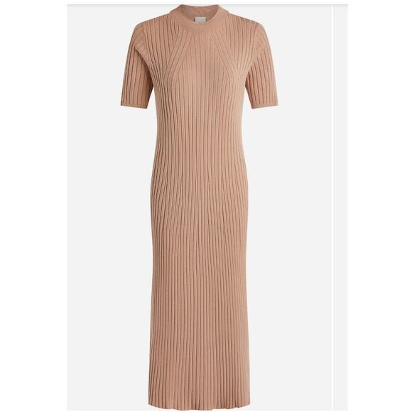 Varley Maeve Short-Sleeve Ribbed Knit Midi Dress Size S Warm Taupe Neutral Fall - Picture 1 of 13